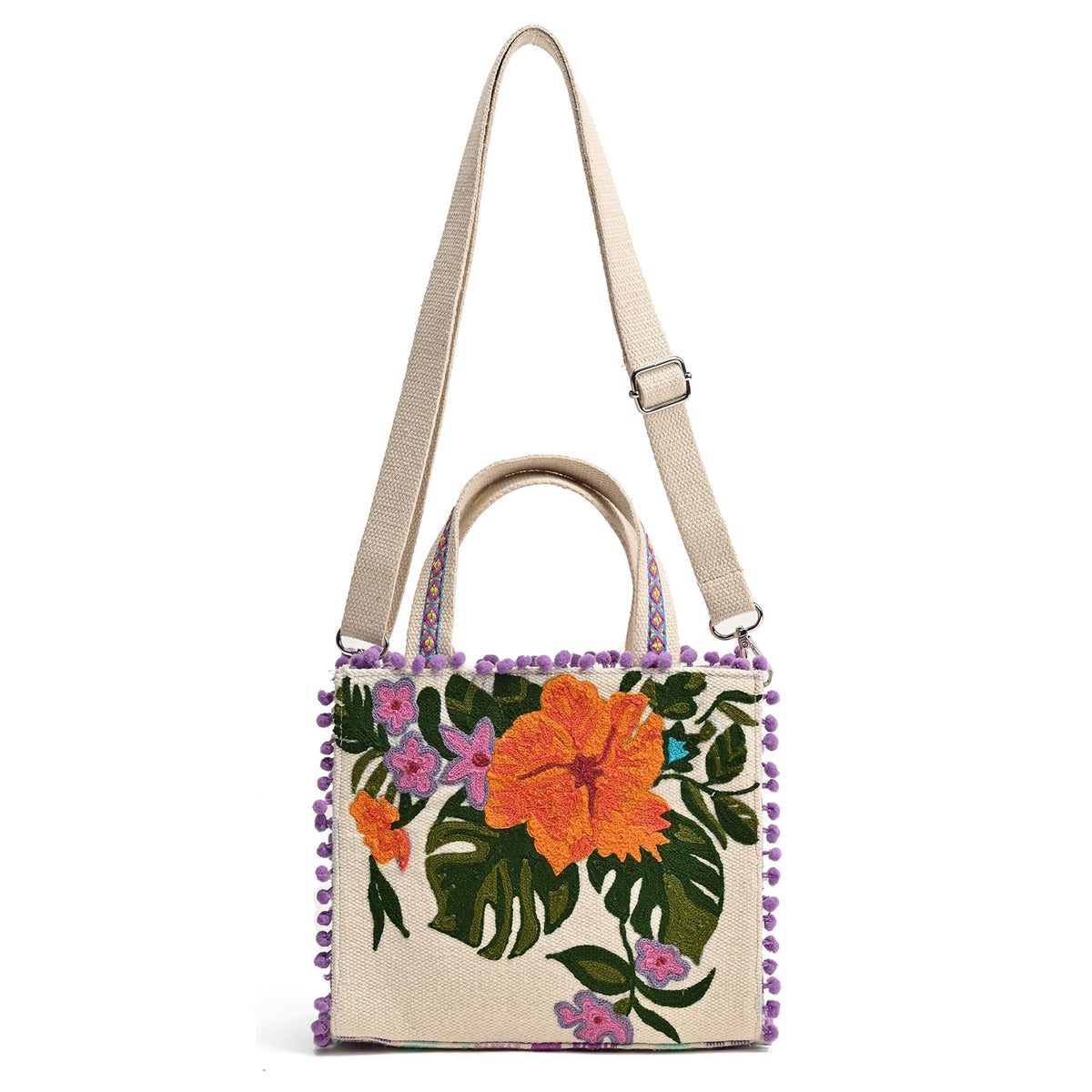 Boho Girl Lavender Blooms Embellished Jacquard Mini Tote for Ladies with Adjustable Strap | Ladies Purse Handbags | Wedding Gifts for Women | Birthday Gifts for Women | Handbag with Zip