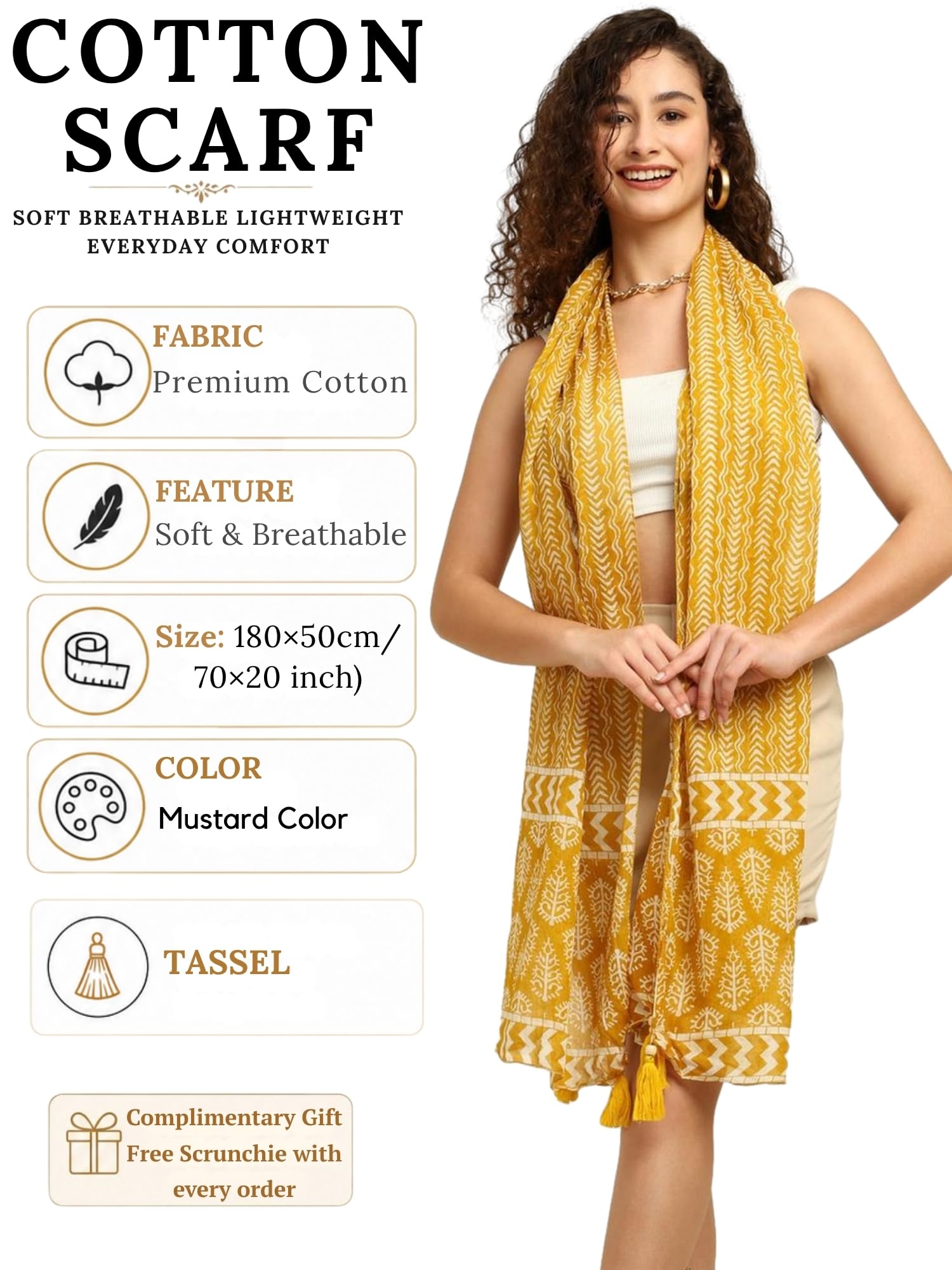 KE KANHA EXPORTS Scarf for Women Premium Cotton Boho | Dual Tone Border Print Stole with Tassels | Lightweight Summer Beach Wrap 180 x 50 cm (Mustard)