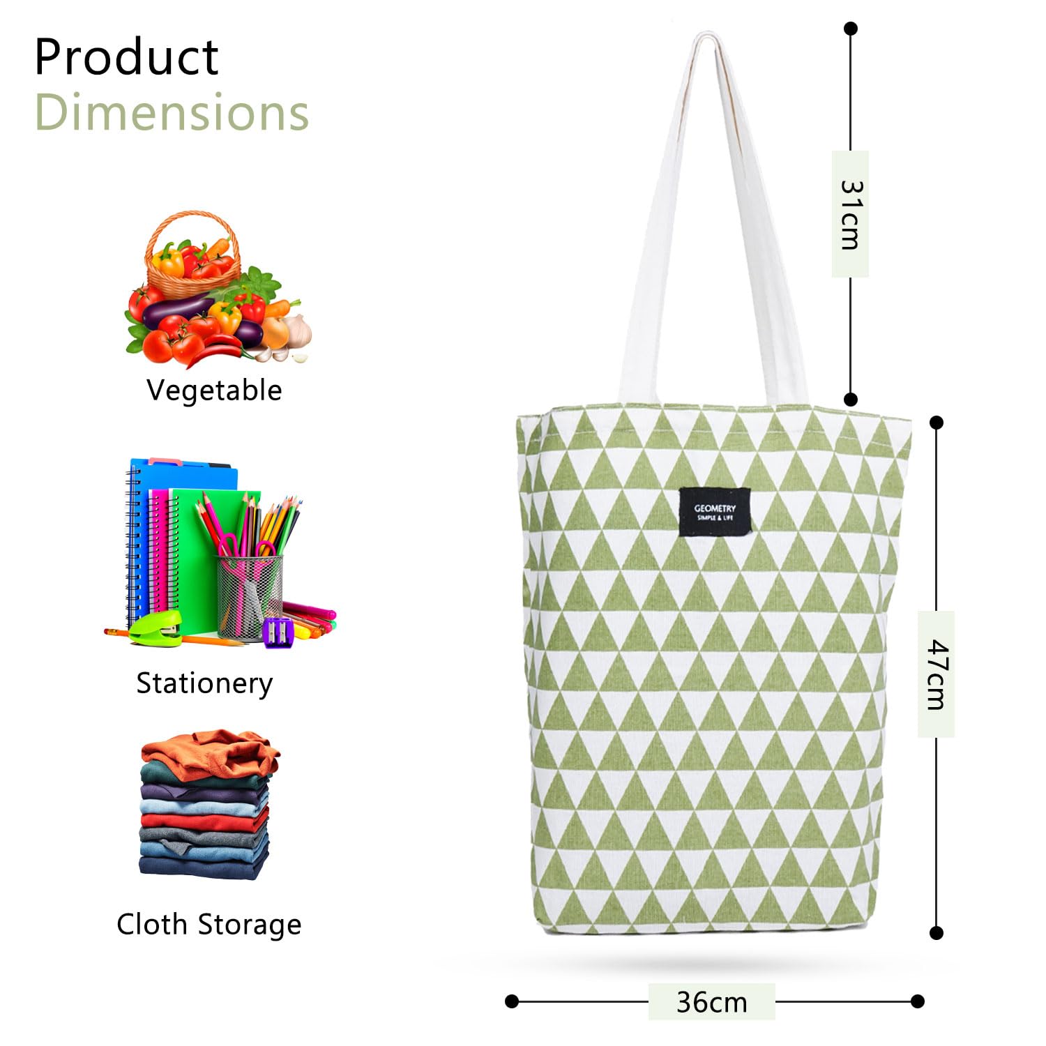 Blissowl Cotton Canvas Tote Bag with Zipper, Large Capacity Shopping Bags, Reusable Printed Bags for Grocery, Shopping, Work & Beach - White and Green (16.5 x 14.5Inch)