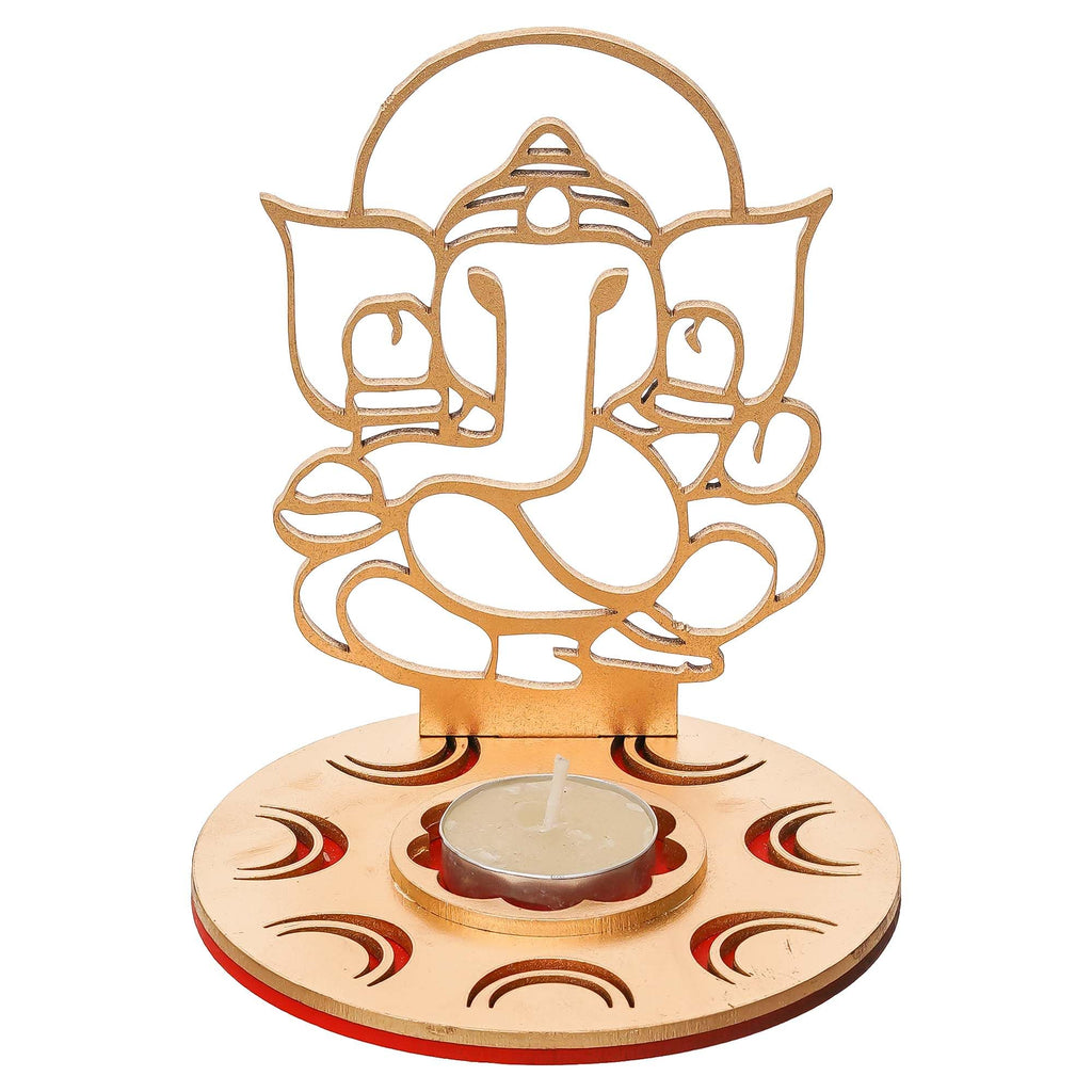 eCraftIndia Red and Golden Mdf Wooden Ganesha Shadow Decorative Tea Light Candle Holder, Diya Stand for Home Decoration | Navratri Ganesh Chaturthi Diwali Decoration Items for Home Decor | Diwali Gift