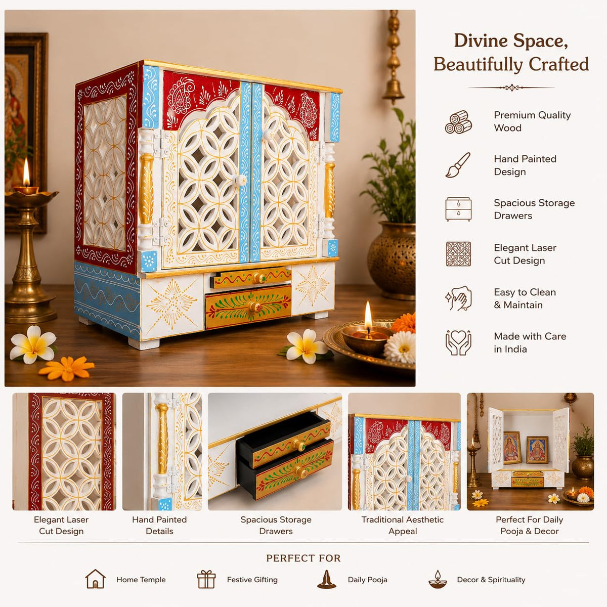 Kamdhenu art and craft Wooden Temple/Home Temple/Pooja Mandir/Pooja Mandap/Temple, 40 cm, 18 cm