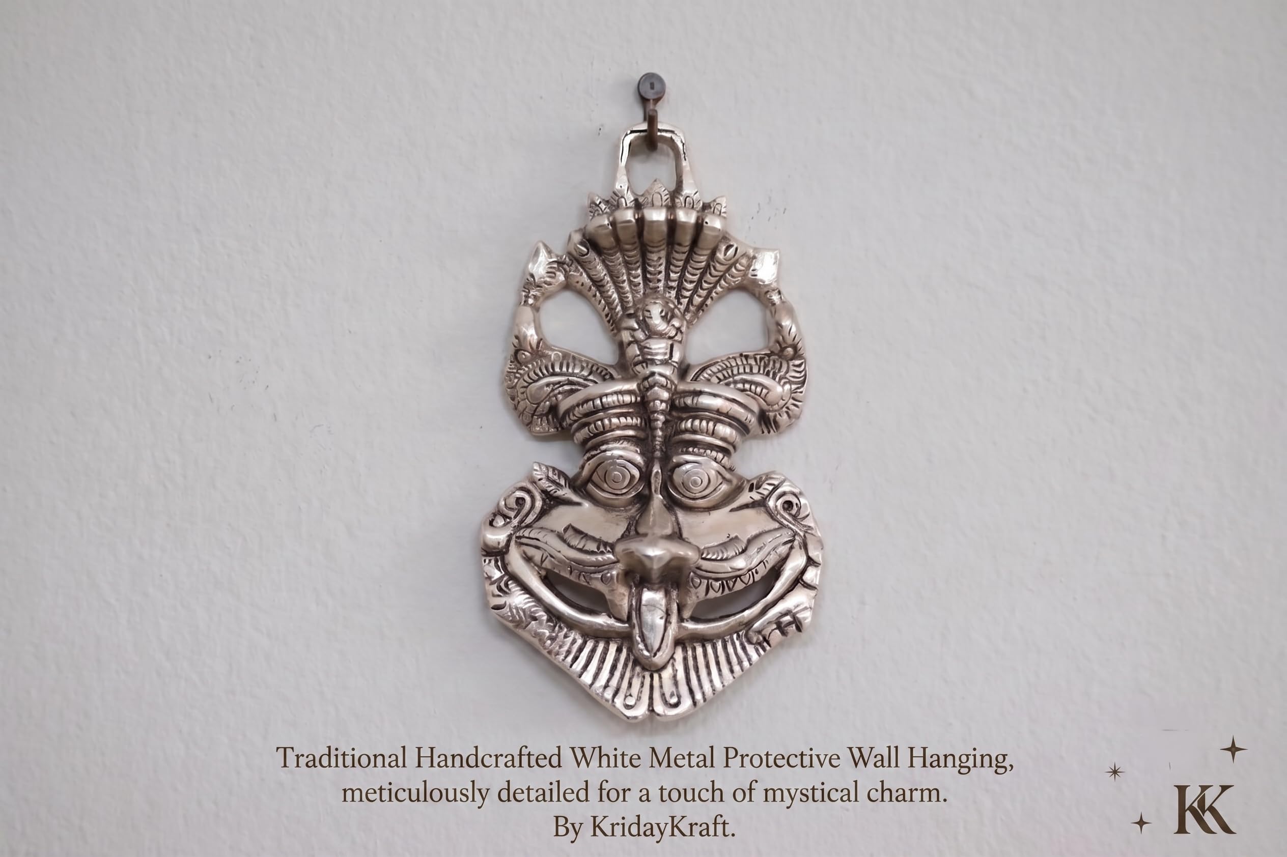 KridayKraft Metal Nazar Battu with Naag Ganesha for Nazar Suraksha (Evil Eye), Suraksha Kawach Mask for Home, Office, Wall & Door Hanging Decor Accessories, Vastu Showpiece (Silver)