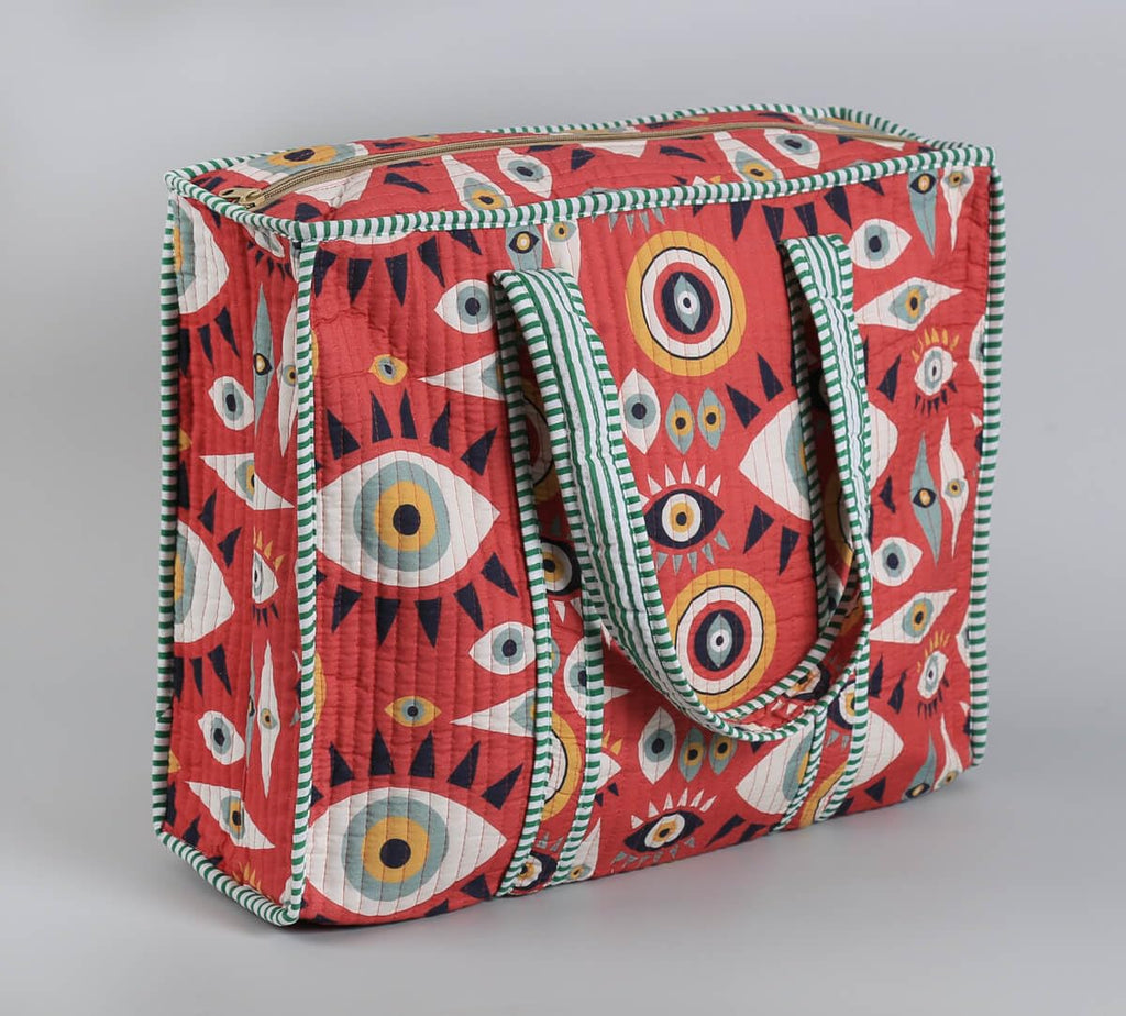 India Circus by Krsnaa Mehta Malocchio Stare Quilted Cotton Tote Bag | Travel Shoulder Bag with Zipper & Pocket | Lightweight Durable & Stylish for Daily Use Shopping & Travel Bag