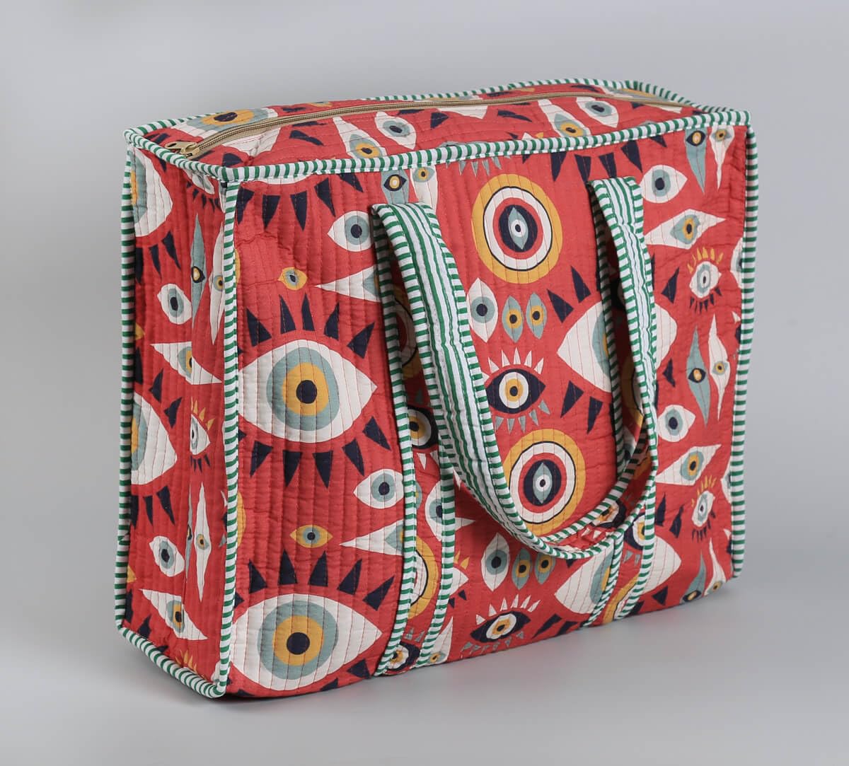 India Circus by Krsnaa Mehta Malocchio Stare Quilted Cotton Tote Bag | Travel Shoulder Bag with Zipper & Pocket | Lightweight Durable & Stylish for Daily Use Shopping & Travel Bag