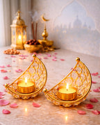 Homesake® Crystal Handcrafted Moon Shaped Tea Light Candle Holder for Home Décor Table Top Living Room for Diwali, Festive Decorative, Diwali Decorations for Home, Gifts Items, (Golden, Set of 2)
