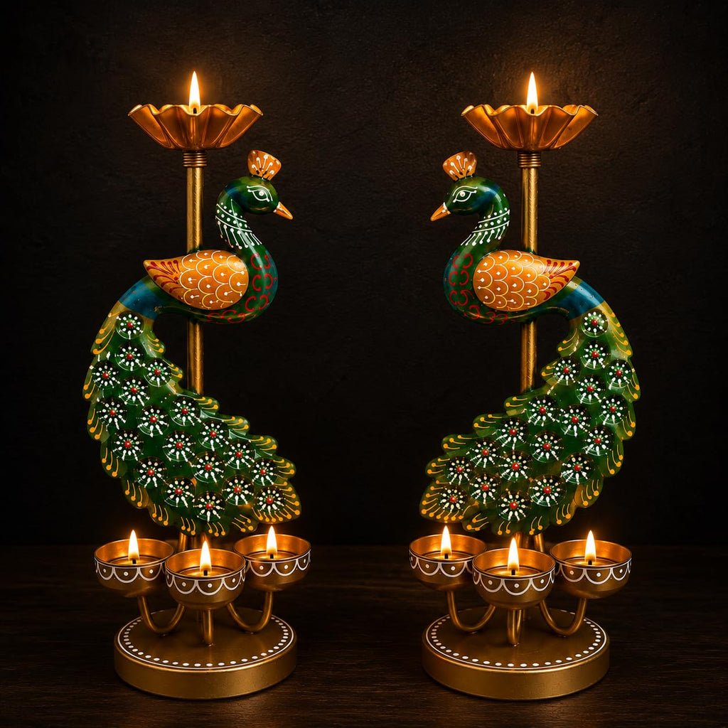 Pranjals House Peacock Tealight Candle Holder, 12 inch, Set of 2