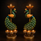 Pranjals House Peacock Tealight Candle Holder, 12 inch, Set of 2