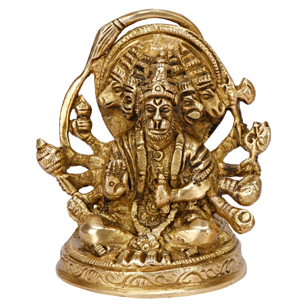 SVARUP Brass God Panchmukhi (Five Faced) Bajrangbali Sankat Mochan Hanuman Idol Statue Murti Height 3.5 Inch Gold Color