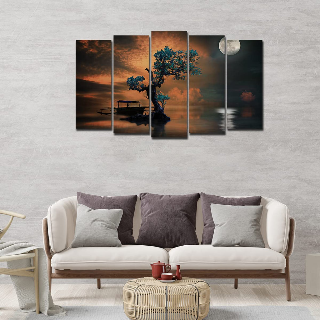 VIBECRAFTS Amazing Tree Under The Moon 5 Pieces Canvas Wall Painting For Home|Office|Living Room|Gift (PTVC5Pcs2_6512)