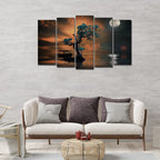 VIBECRAFTS Amazing Tree Under The Moon 5 Pieces Canvas Wall Painting For Home|Office|Living Room|Gift (PTVC5Pcs2_6512)