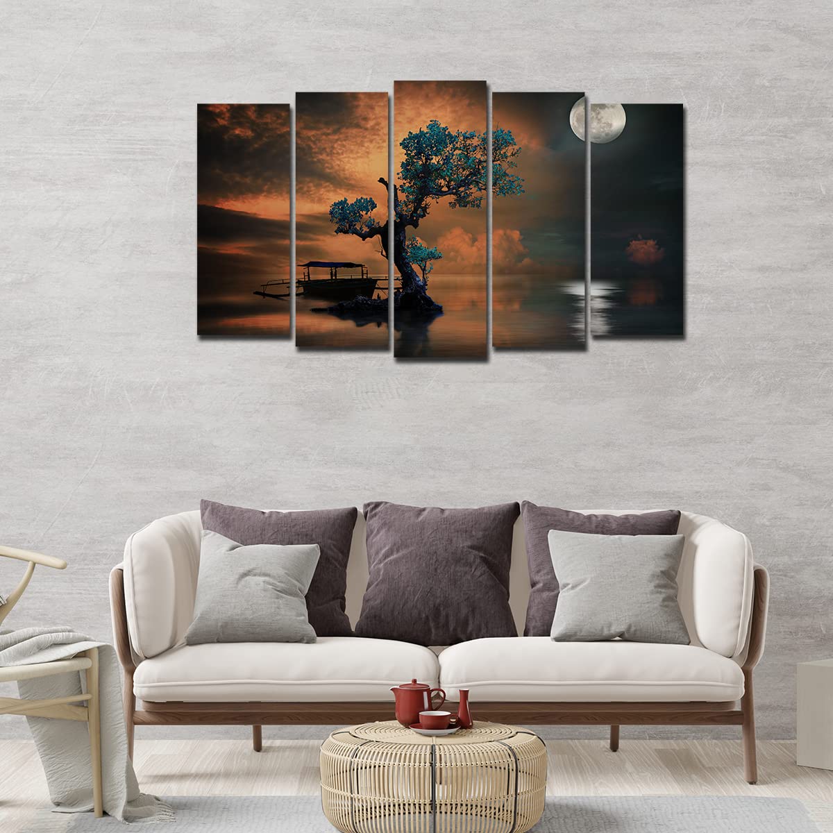 VIBECRAFTS Amazing Tree Under The Moon 5 Pieces Canvas Wall Painting For Home|Office|Living Room|Gift (PTVC5Pcs2_6512)