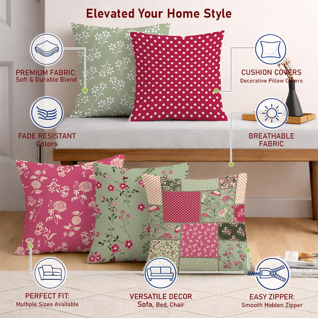 STITCHNEST Set of 5 Blossom Patchwork Collection Printed Jute Cushion Covers 16x16 Inches | Decorative Throw Pillow Covers for Sofa, Living Room, Bedroom | Perfect for Home Decor