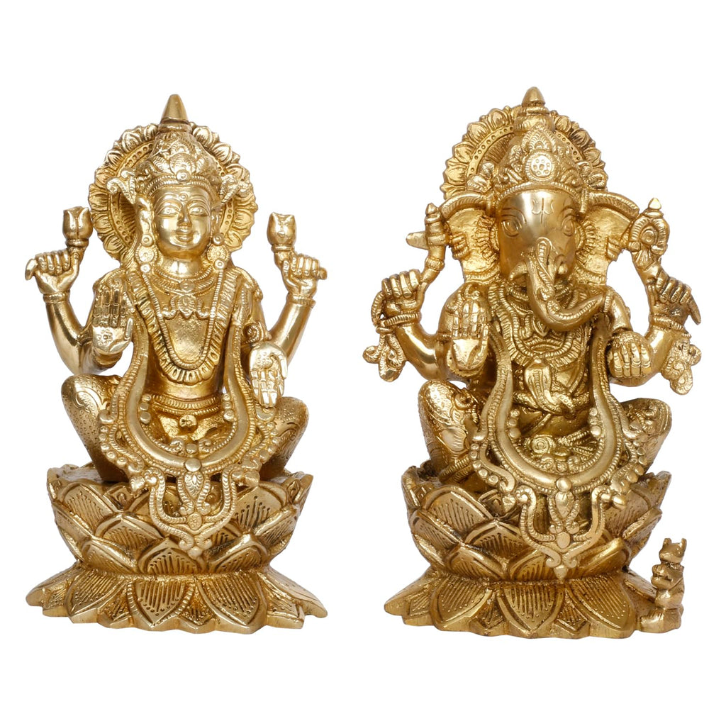 ARTVARKO Ganesha Laxmi Brass Mangalkari Jewellery Ganesh Lakshmi Bhagwan Idol Sitting on Lotus Ganpati Murti Statue 9 Inches
