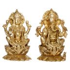 ARTVARKO Ganesha Laxmi Brass Mangalkari Jewellery Ganesh Lakshmi Bhagwan Idol Sitting on Lotus Ganpati Murti Statue 9 Inches