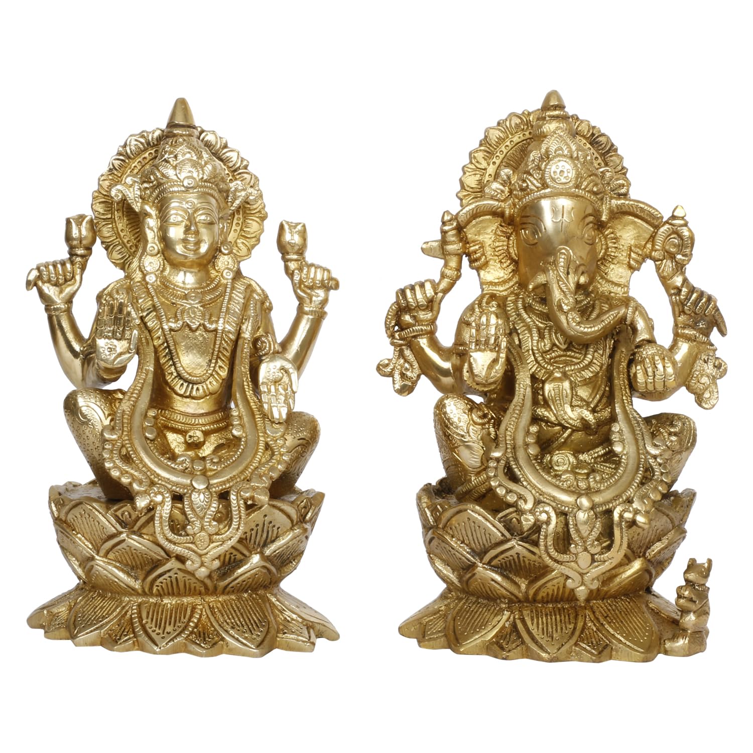 ARTVARKO Ganesha Laxmi Brass Mangalkari Jewellery Ganesh Lakshmi Bhagwan Idol Sitting on Lotus Ganpati Murti Statue 9 Inches