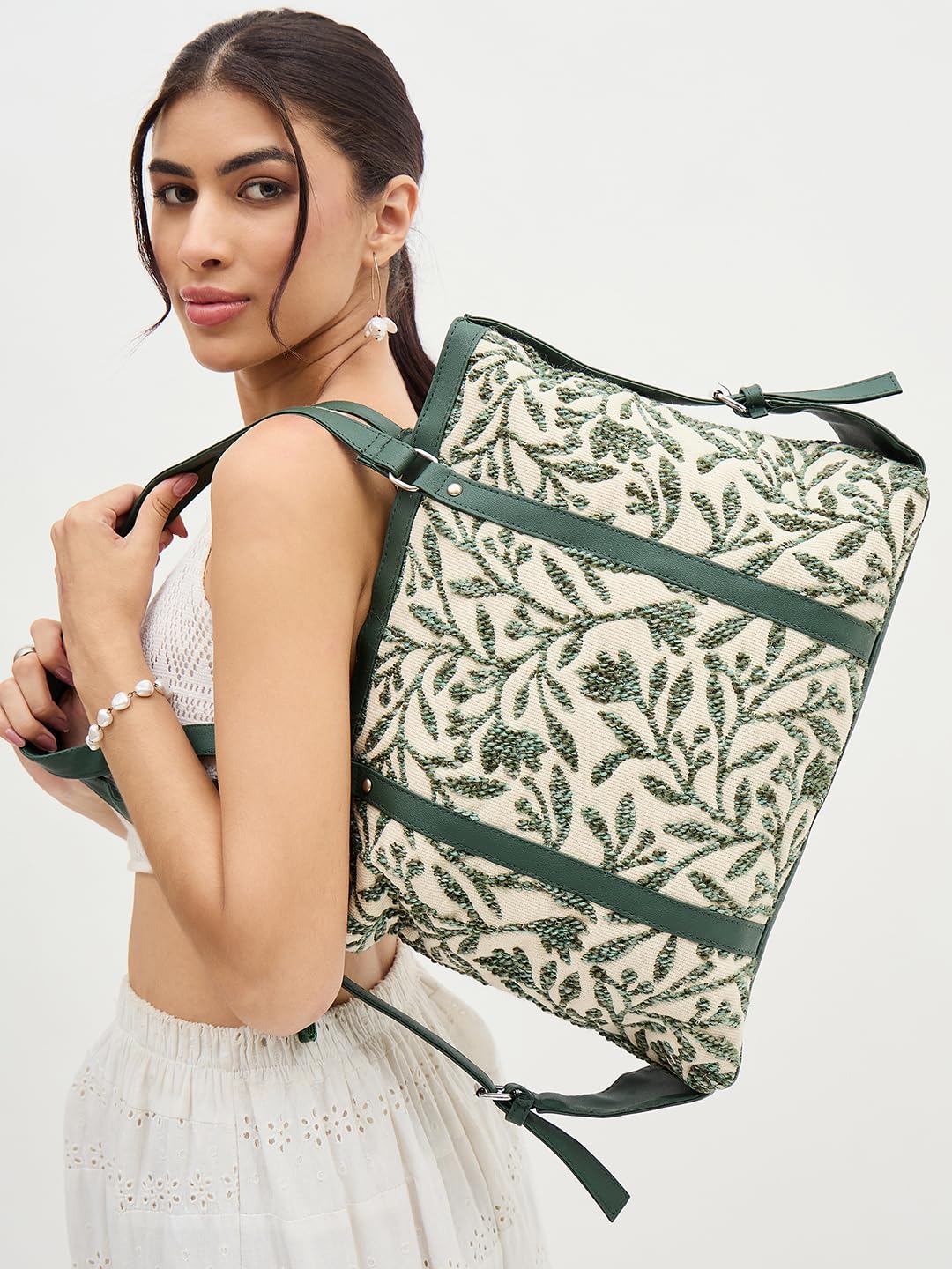 PRIMROSE Chevron Pattern Tote Bag for Women, Black and Beige (Green)