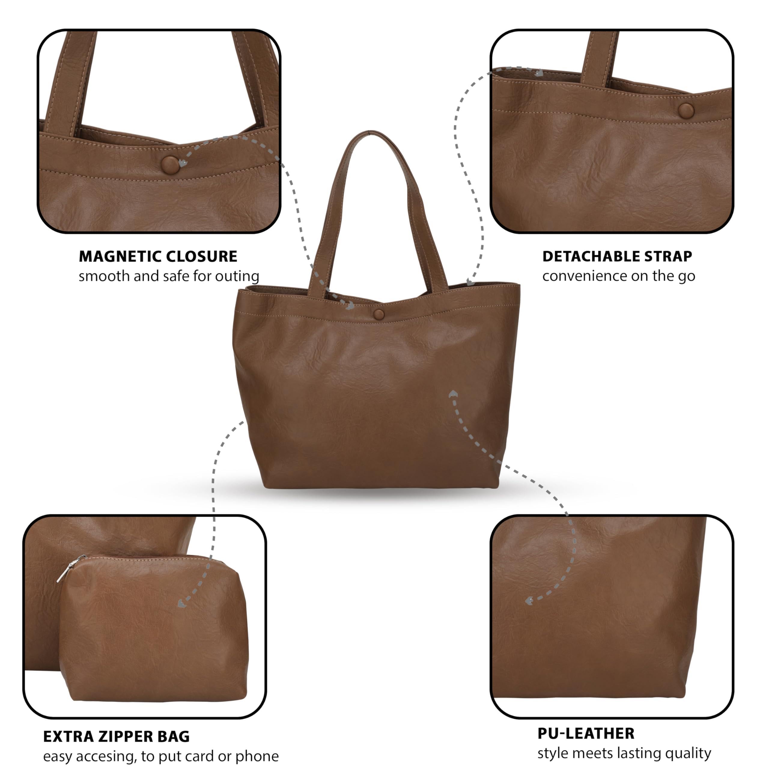 SIBY Women's Shoulder Tote Purse - PU Leather, Waterproof, Magnetic Lock Closure, Includes Small Purse - Brown