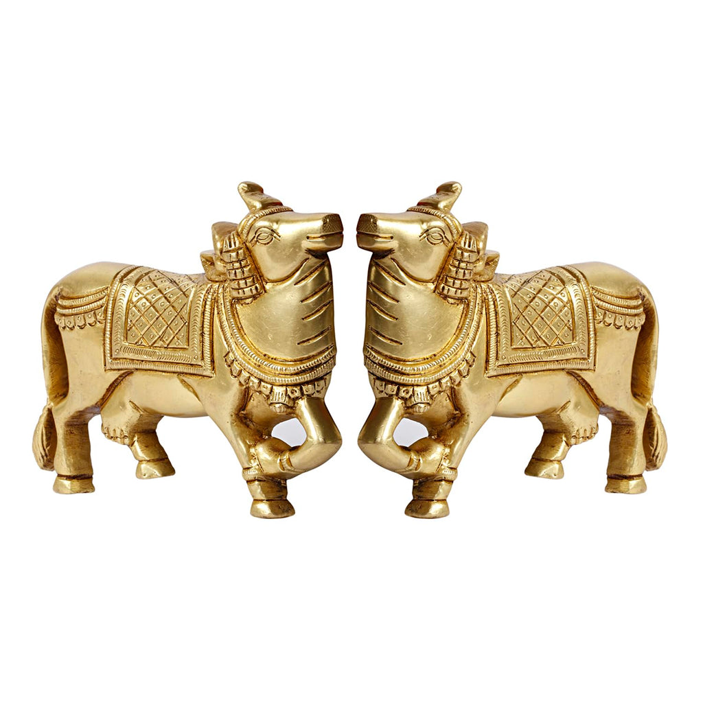 SVARUP Brass Cow Wall Hanging Vastu Gau MATA Idol, Kamdhenu Cow Pair Nandi (Gold Color 5x4 Inch)