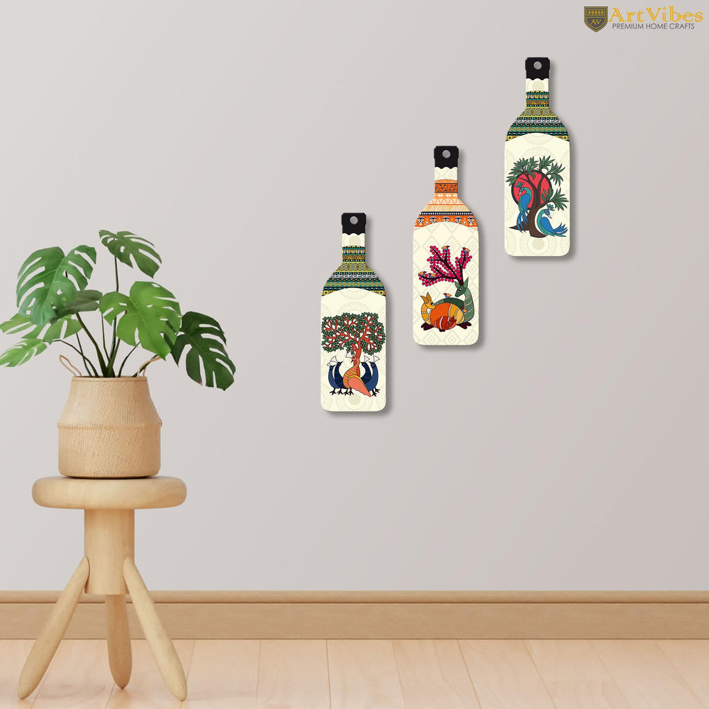 Artvibes Animals and Birds Madhubani Art Bottle shaped Wooden Wall Hanging | Living Room | Handcrafted Art | Wall Illustrations | Art Prints | Aesthetic Wall Art | Ideal Gifts (WH_9524N), Set of 3