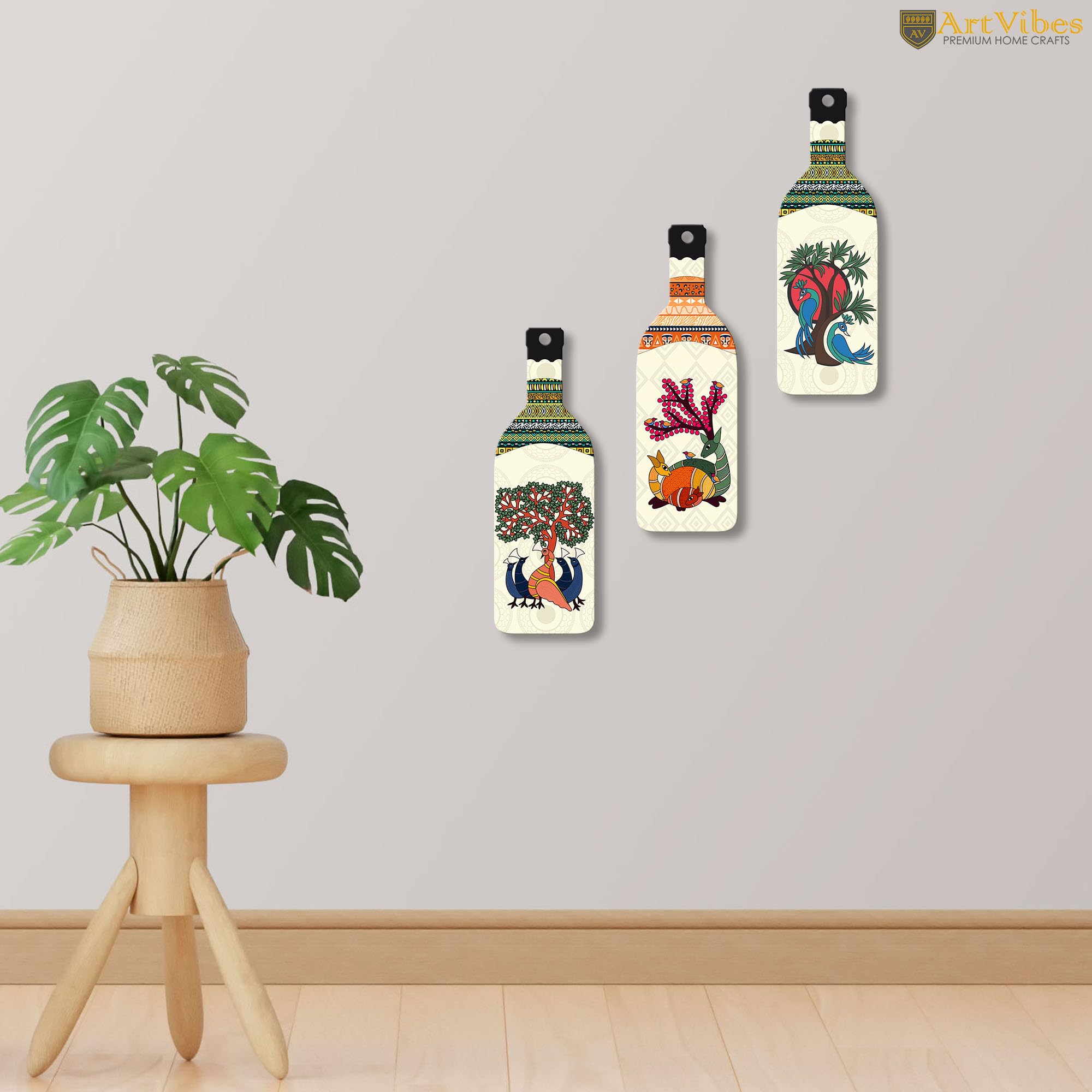Artvibes Animals and Birds Madhubani Art Bottle shaped Wooden Wall Hanging | Living Room | Handcrafted Art | Wall Illustrations | Art Prints | Aesthetic Wall Art | Ideal Gifts (WH_9524N), Set of 3