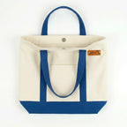 Meeboo’s Tote Canvas Tote Bag Off White Medium Size 350 GSM Cotton Canvas Shoulder Bag for Women Reusable Shopping Office College Bag with Magnetic Closure (Off White Blue Handle)