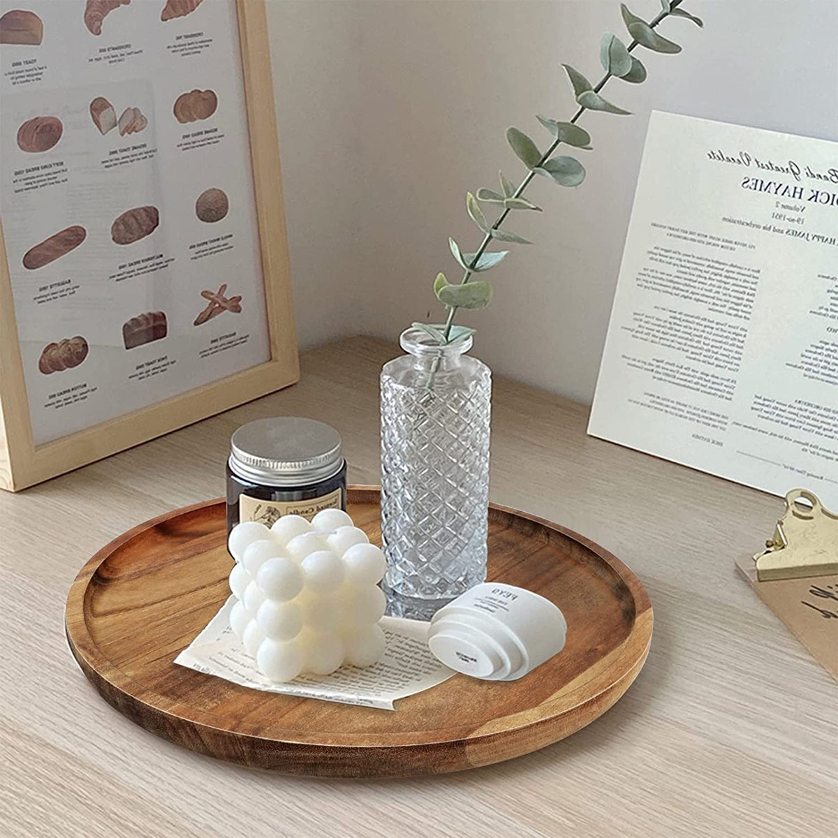 WOOD ART STORE Wooden Round Tray for Home Decoration, Serving and Bathroom, Wooden Platter, Tray Organizer for Kitchen/Countertop Home Decor 11x11x1 inchs