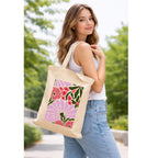 Prageet Canvas Tote Bag for Women with Zipper | 350 GSM Cotton Printed Tote | Stylish College Office Travel Shoulder Bag | Fits 14-15 Inch Laptop | Eco Friendly Reusable Cloth Handbag (TILEFLR)