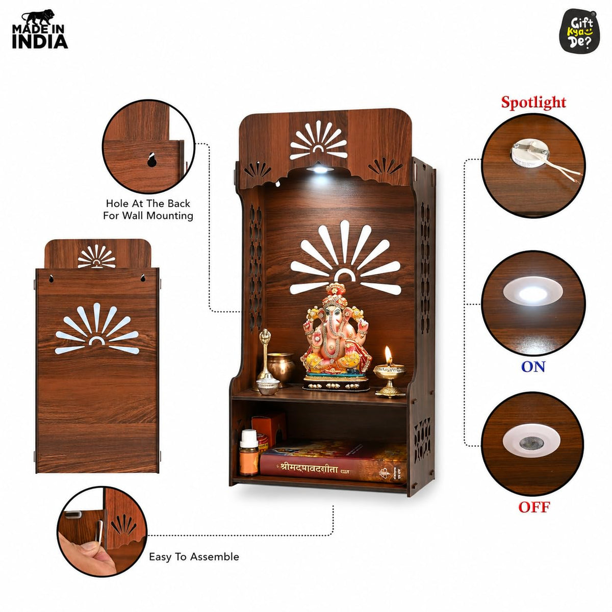 Gift Kya De Divya Om Beautiful Wooden Pooja Stand for Home, Temple, Office, Wall Mounted Puja Mandir with LED Light, Home Temple, Wooden Mandir for Home Decor, Size (H-20, L-12, W-8 Inch) (Wood)