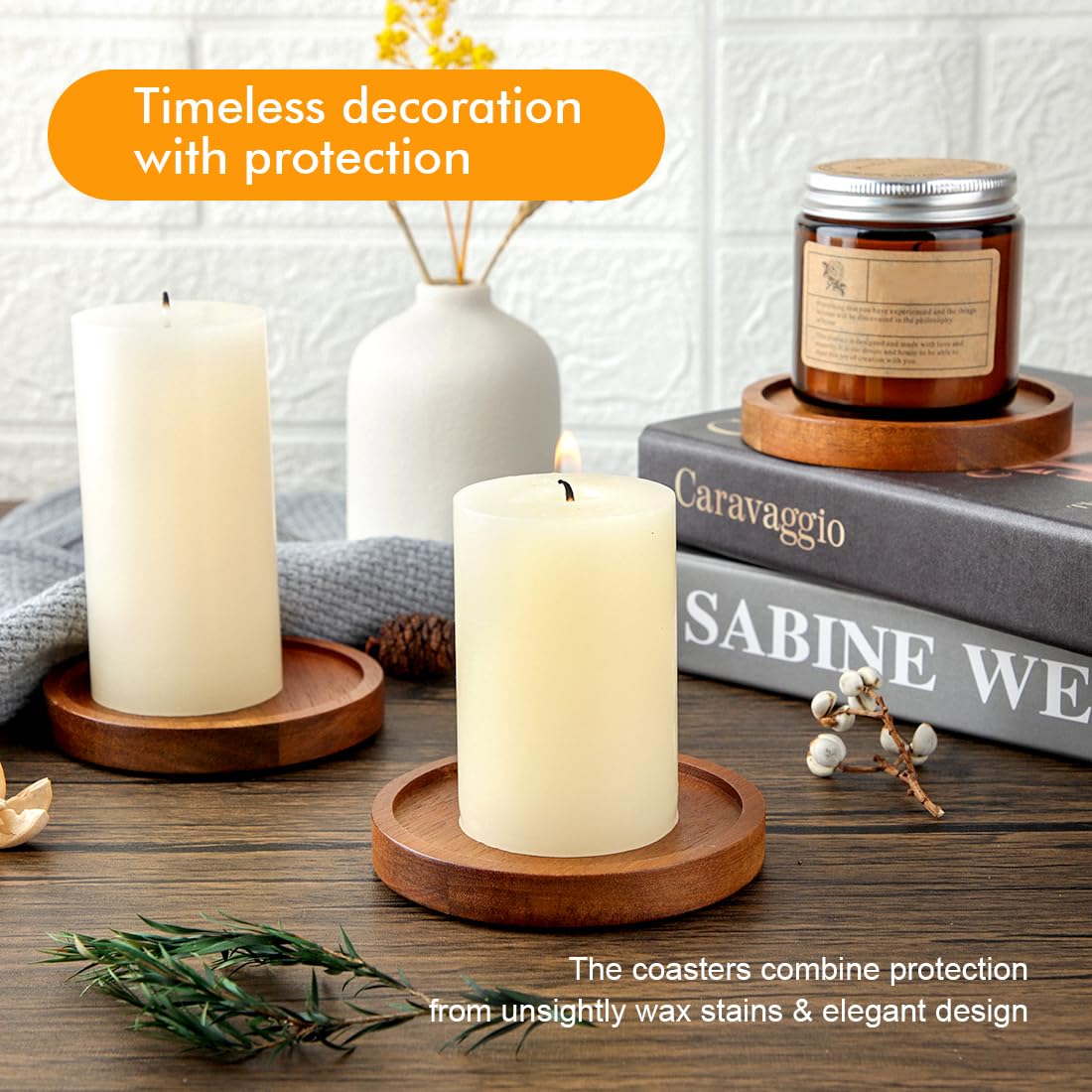 Wood Candle Holder Farmhouse Decor - HALE OTEIR Wooden Pillar Candles Tray for Pillar Floating Candles Set of 4 Round Wooden Plate Pedestal Stand for Coffee Table for Christmas Decor