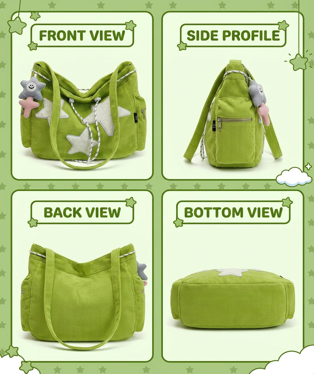 SRKSPYFD Green Corduroy Tote Bag for College Girls with Star Pendant, 12.6 Plush Shoulder Bag for Daily Commute and Shopping