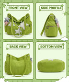 SRKSPYFD Green Corduroy Tote Bag for College Girls with Star Pendant, 12.6 Plush Shoulder Bag for Daily Commute and Shopping