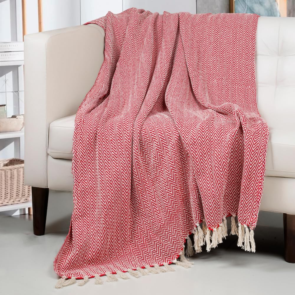 HOMADORN All Season Cotton Weaved Throw Blanket for Bed/Sofa 50x70 INCHES (RED) Kafalo