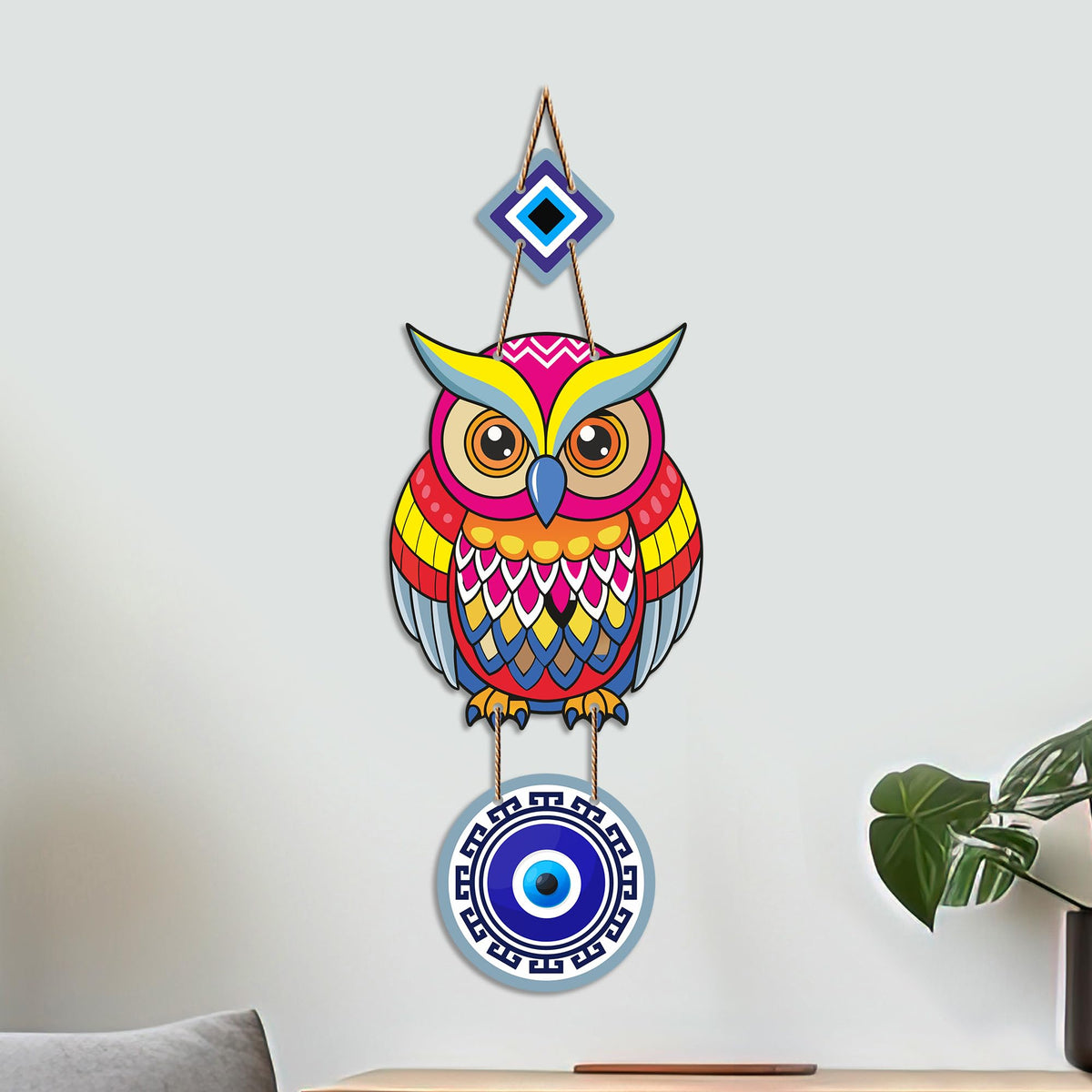 Artvibes Artistic Owl Nazar Battu Wall Hanging for Home Entrance | Evil Eye MDF Decorative Wall Art | Lucky Charm Decor for Bedroom | Living Room | Office & Balcony | Housewarming Gift (WH_8525N)