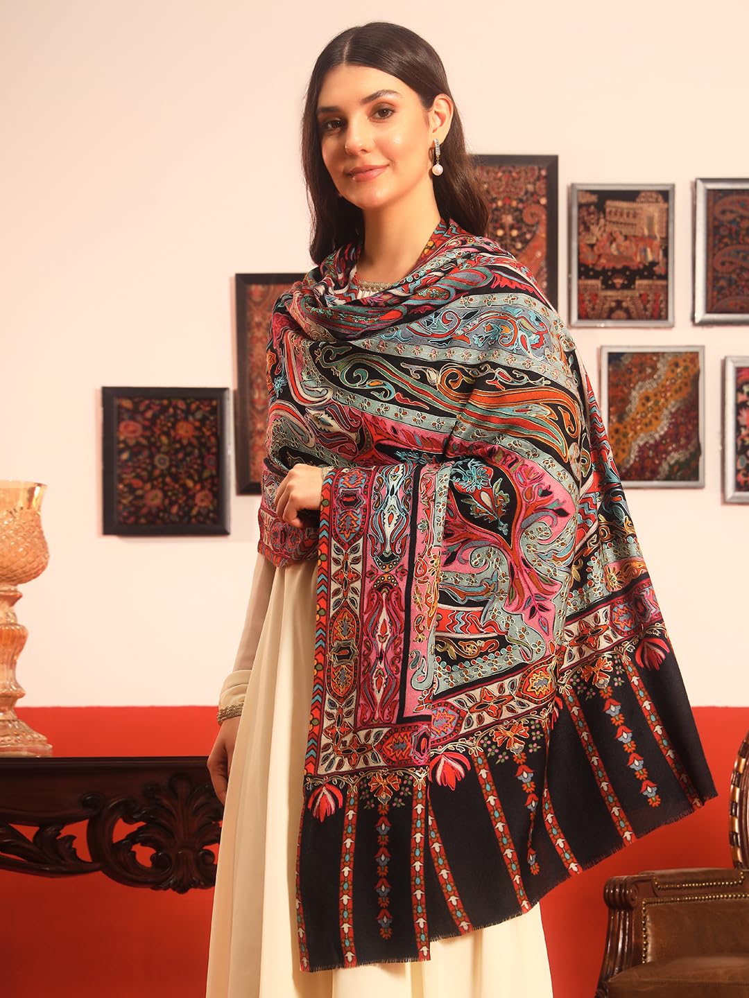 Pashmoda Women Rangrez Rangkalam 100% Pure Wool Fabric Kalamkari Embroidered Shawl (Size: 40x80in, 101x203cm) KAS23