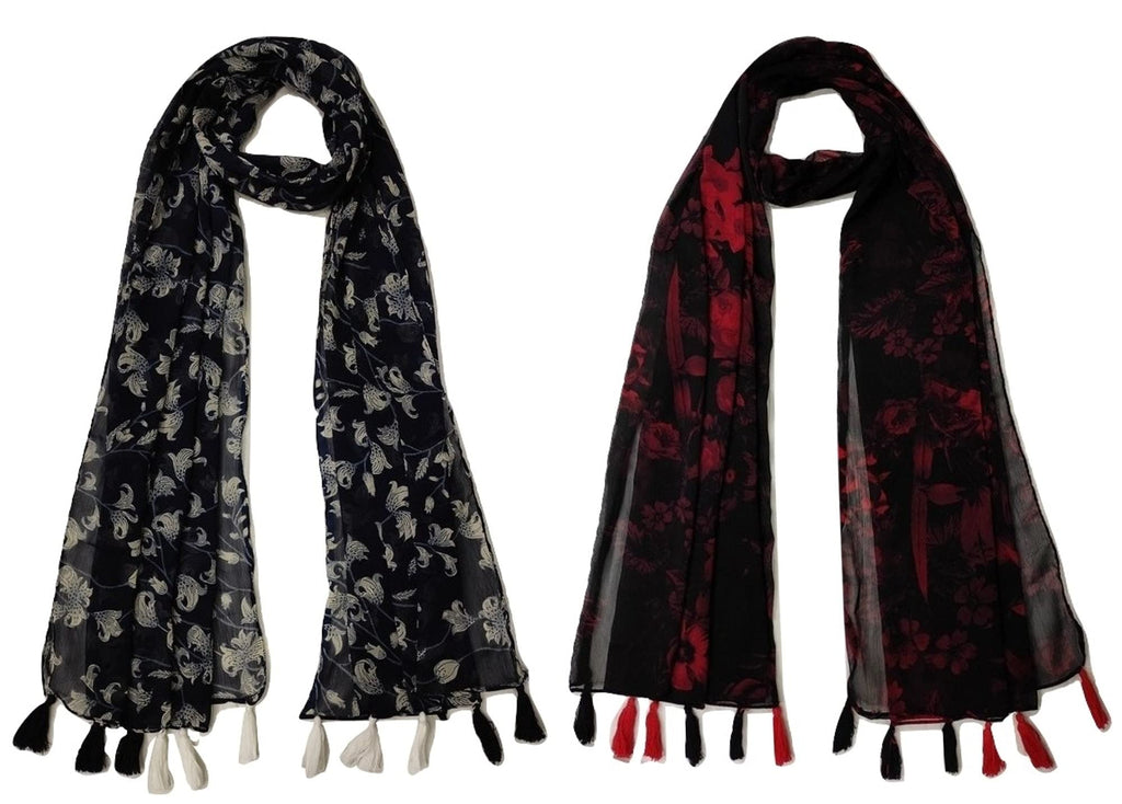 StoleVilla™ Women's Printed Chiffon Multicolored Scarf and Stoles with Tassels - Set of 2 (ST040)