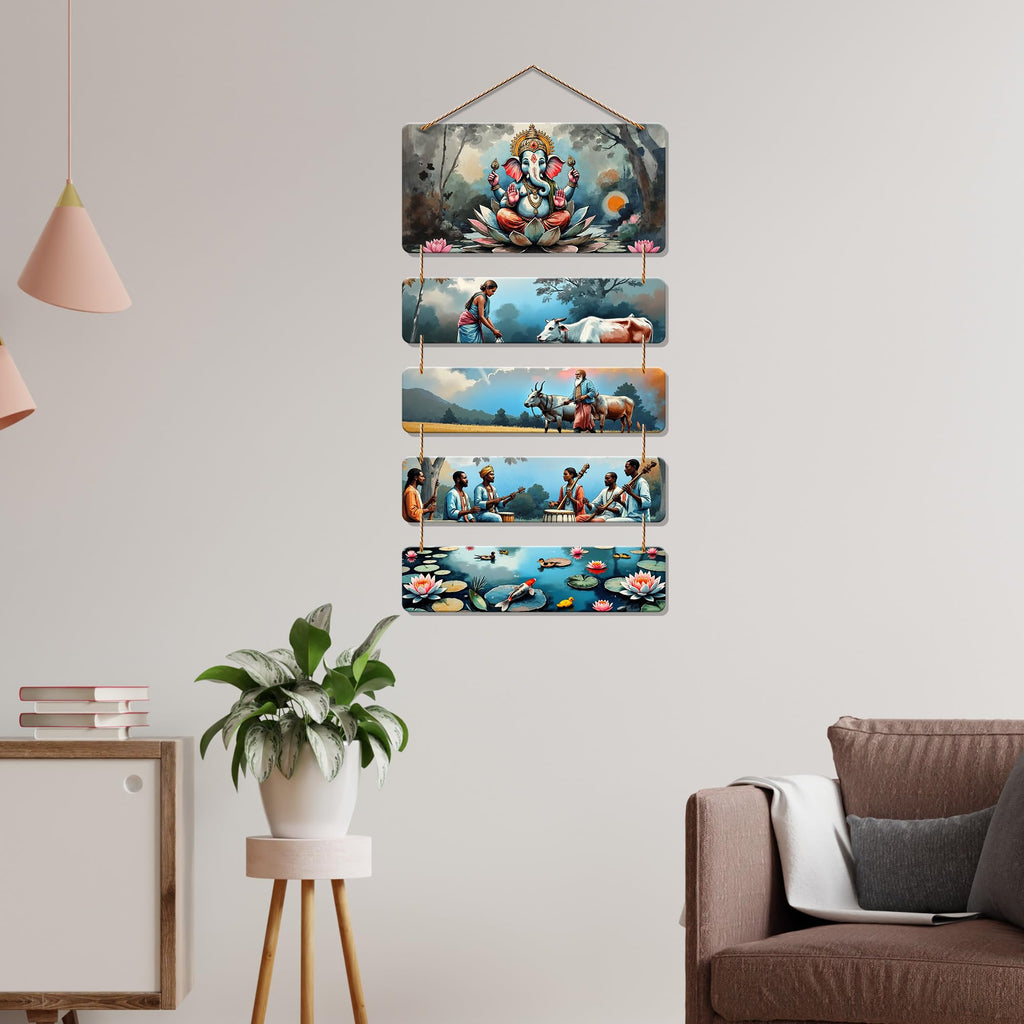 Artvibes Lord Ganpati Koi Fish & Rural Village Auspicious Wooden Art Work Wall Hanging | Spiritual Decor Items | Paintings | Wall Illustrations| Stylish Modern Decor Item | Ideal Gifts (WH_6731N)