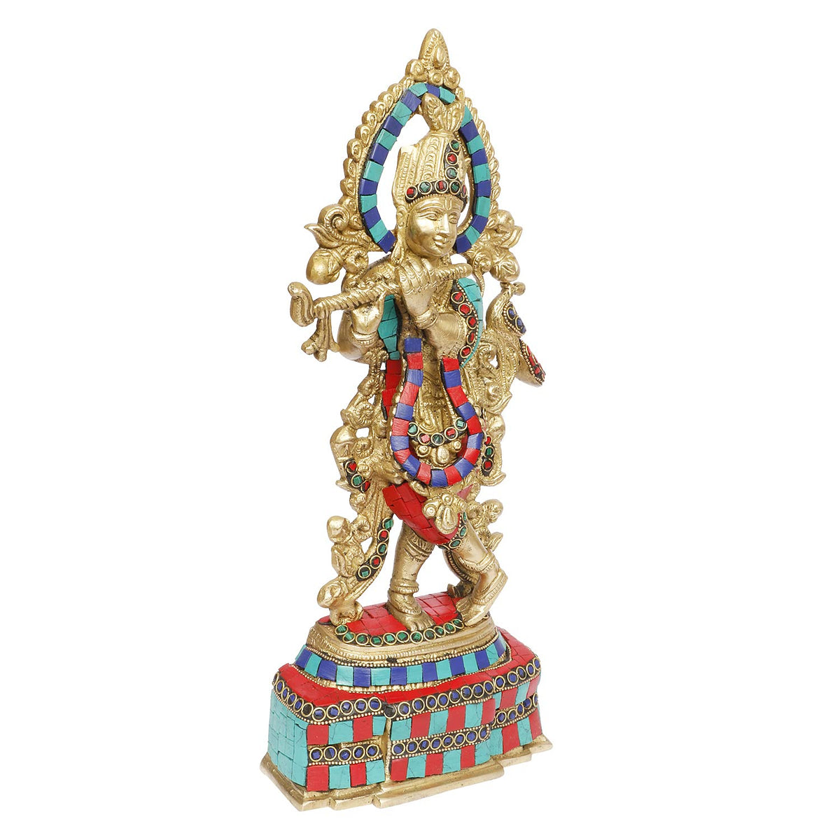 ARTVARKO Brass Lord Krishna Playing Flute Idol Murti Statue for Home Temple Décor Entrance Gallery Gift 13 Inch