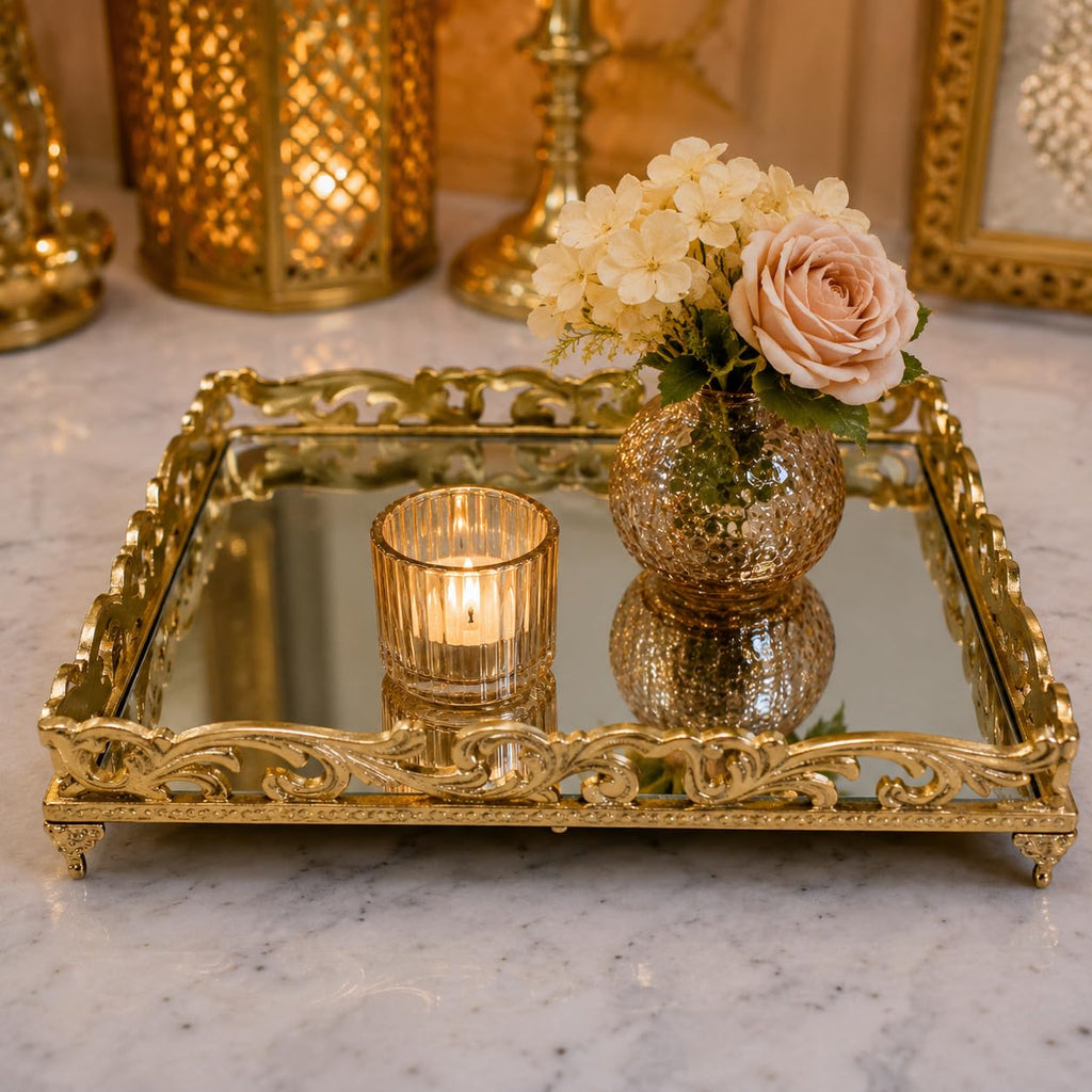 Decorative Gold Mirrored Serving Tray with Metal Frame, Vanity Organiser for Perfume, Jewellery, Cosmetics, Coffee Table and Home Decor