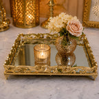 Decorative Gold Mirrored Serving Tray with Metal Frame, Vanity Organiser for Perfume, Jewellery, Cosmetics, Coffee Table and Home Decor