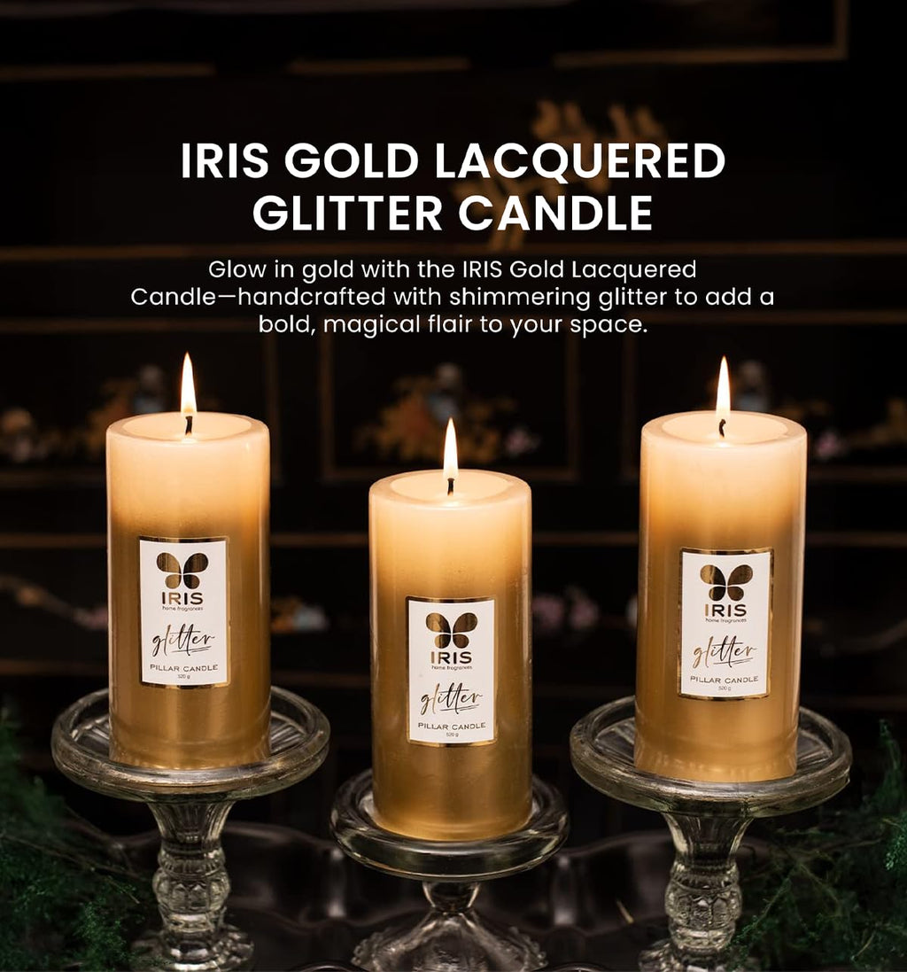 IRIS Gold Lacquered Unscented Pillar Candle | 7.1 x 15.2 cm | Long-Lasting 80-Hour Burn | Ideal for Decor, Celebrations & Gifting (Pack of 1)