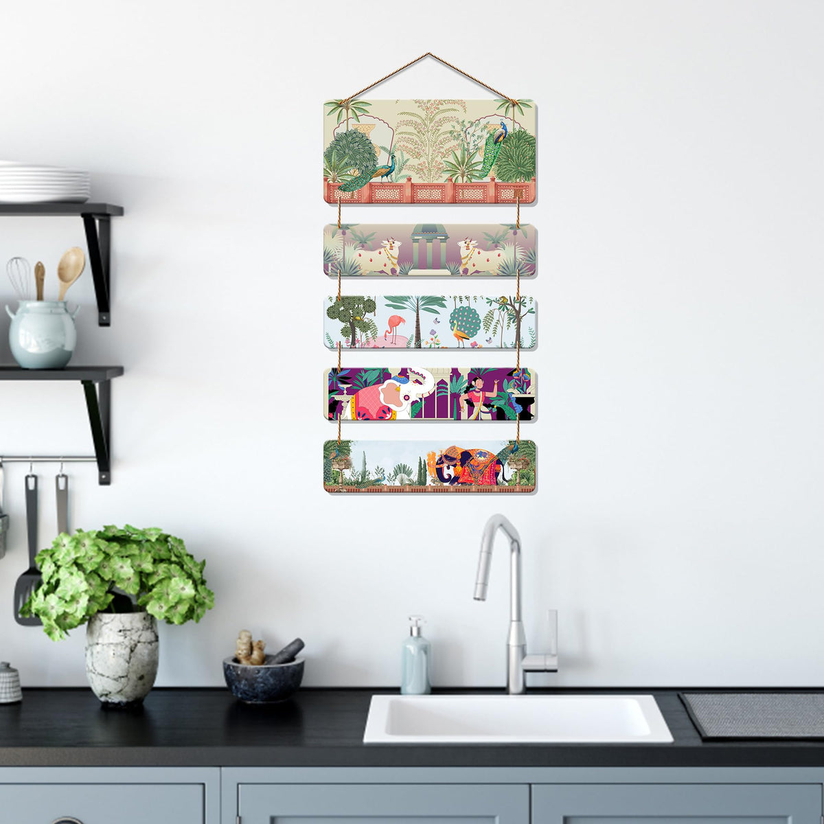 Artvibes Dancing Woman Elephant & Peacock Royal Folk Art Wooden Wall Hanger for Home Decor | Handcrafted Art | Festive Decor | Aesthetic Wooden Decor | Paintings For Wall | Ideal Gifts (WH_6727N)