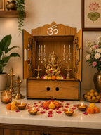EXPRO Wooden Pooja Mandir for Home with Door | Engineered Wood Home Temple with Storage Space | Wall Mounted Temple for Office & Living Room | DIY Mandap with OM & Ganeshji Design (Brown | Design 1)