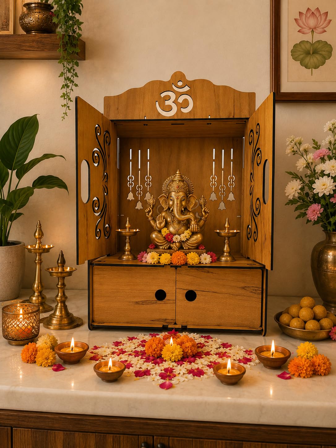 EXPRO Wooden Om & Ganesha Classic Cut Mandir with Drawer for Home Temple
