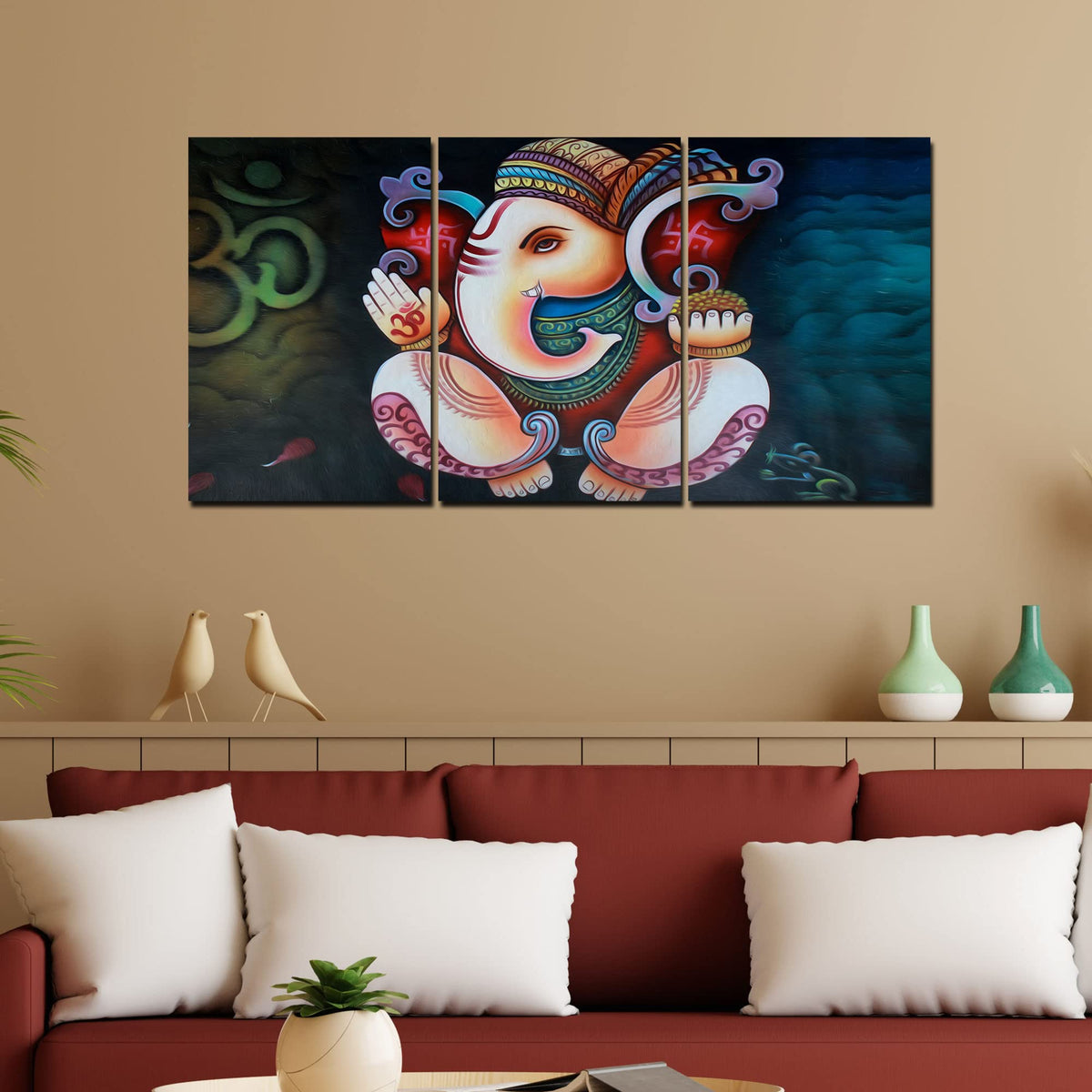 VIBECRAFTS Hindu Ganesha 3 Pieces Canvas Wall Painting Fitted With Wooden Frame For Home | Office | Living Room | Gifts(PTVC3Pcs3_11514)
