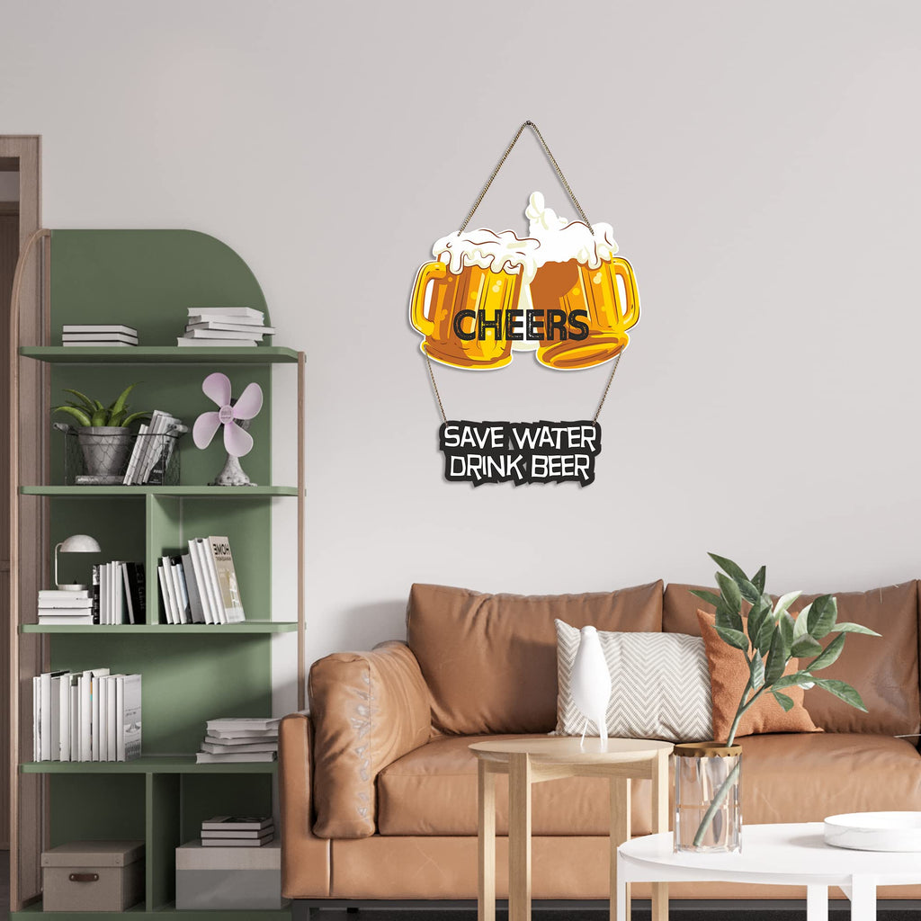 Artvibes Cheers Save Water Printed Wooden Wall Hanging for Cafe | Bar | Restaurant | Quotes Decor Item | Printed Wall Decoration | Wall Poster | Graphic Art | Unique Gift | Cafe Decor (WH_5704N)