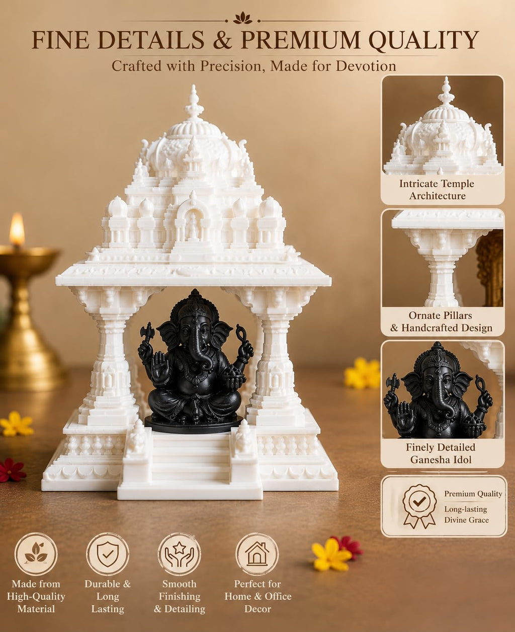 House Warming Gifts for New Home | Ganesha Temple Mandap Decorative Showpiece for Home Decor | House Opening Ceremony Gifts | Spiritual Pooja Decoration Item | 3D Printed (White & Black)