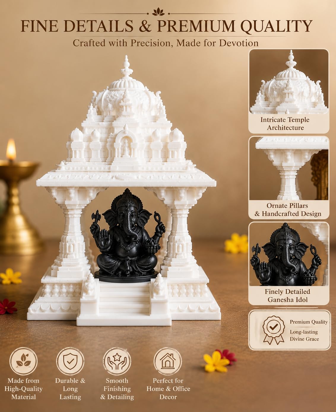 House Warming Gifts for New Home | Ganesha Temple Mandap Decorative Showpiece for Home Decor | House Opening Ceremony Gifts | Spiritual Pooja Decoration Item | 3D Printed (White & Black)