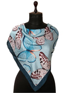 leeza store Women's Powder Blue Silk Scarf For Women, 40X40 Digital Printed Butterfly Pattern, Elegant Satin Feel Stole & Neck Wrap