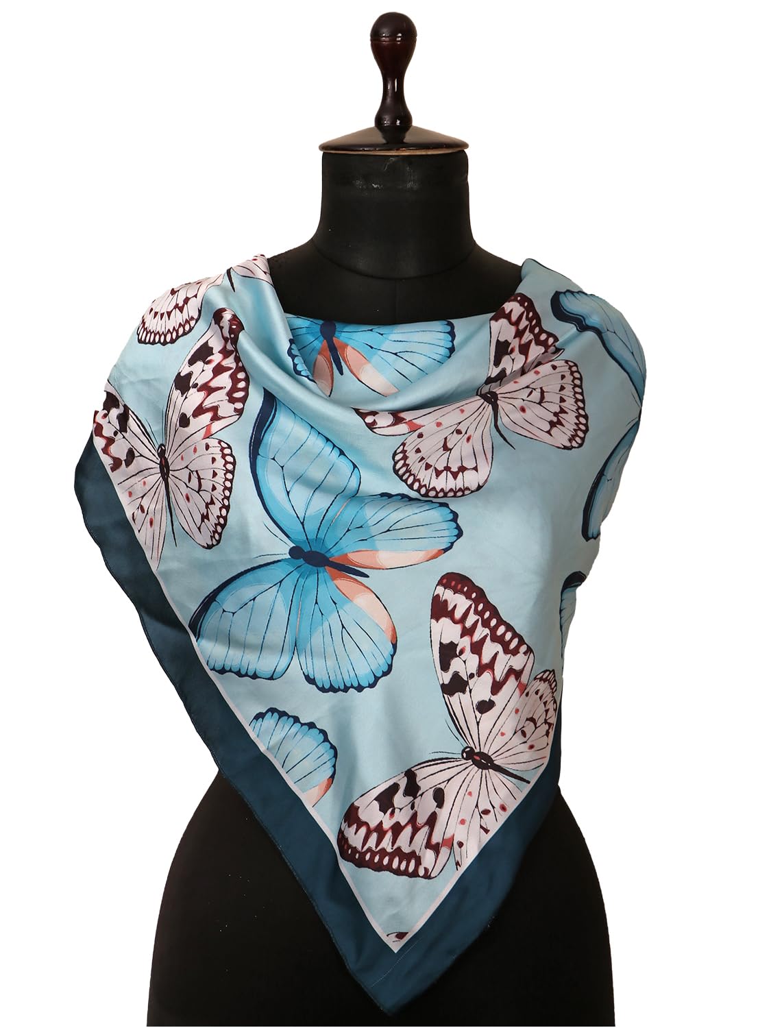 leeza store Women's Powder Blue Silk Scarf For Women, 40X40 Digital Printed Butterfly Pattern, Elegant Satin Feel Stole & Neck Wrap