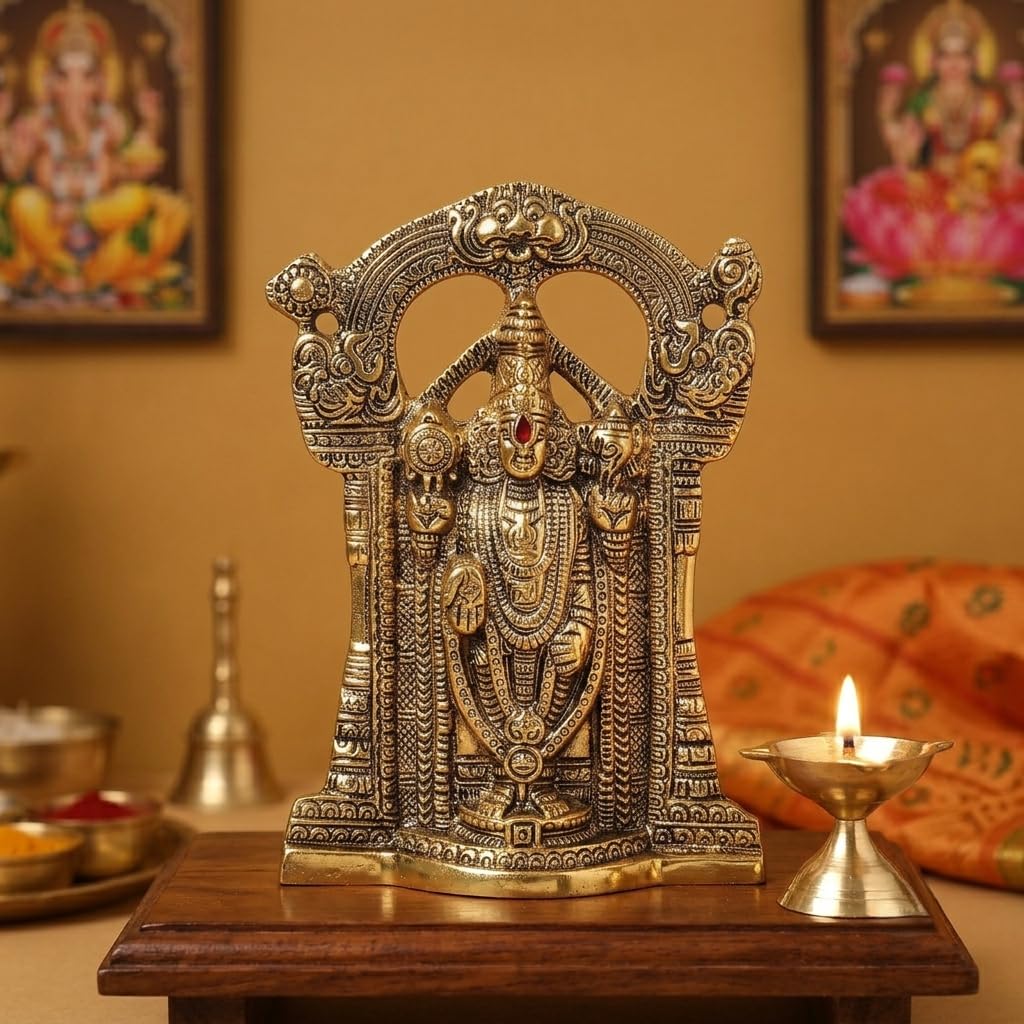 KridayKraft Tirupati Balaji Idol, Decorative Aluminium Gold Finish Lord Venkateswara Statue for Office, Home Temple, 24 x 17 cm